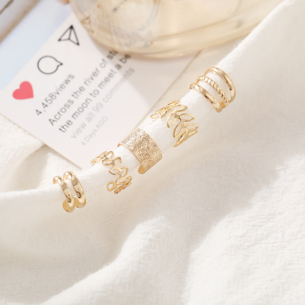 Bohemia Leaf Hoop Ear Cuff Earring | Gold Huggie Hoop Earrings | Multi Line Ear Wrap Earring | Circle Ear Clip Earring Non Pierced Earrings Jewellery | Set of Four Earrings