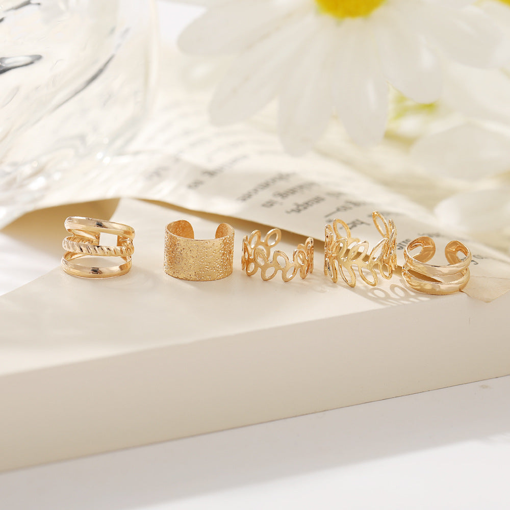 Bohemia Leaf Hoop Ear Cuff Earring | Gold Huggie Hoop Earrings | Multi Line Ear Wrap Earring | Circle Ear Clip Earring Non Pierced Earrings Jewellery | Set of Four Earrings