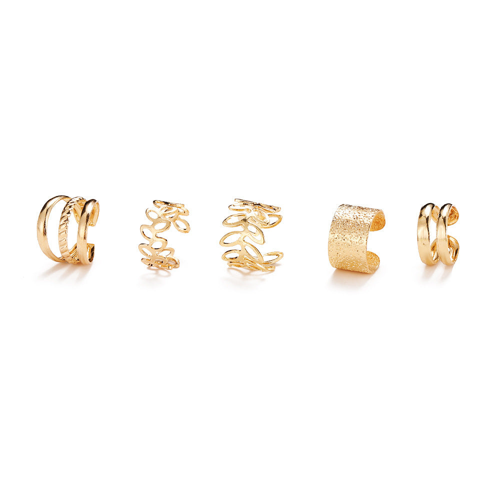 Bohemia Leaf Hoop Ear Cuff Earring | Gold Huggie Hoop Earrings | Multi Line Ear Wrap Earring | Circle Ear Clip Earring Non Pierced Earrings Jewellery | Set of Four Earrings