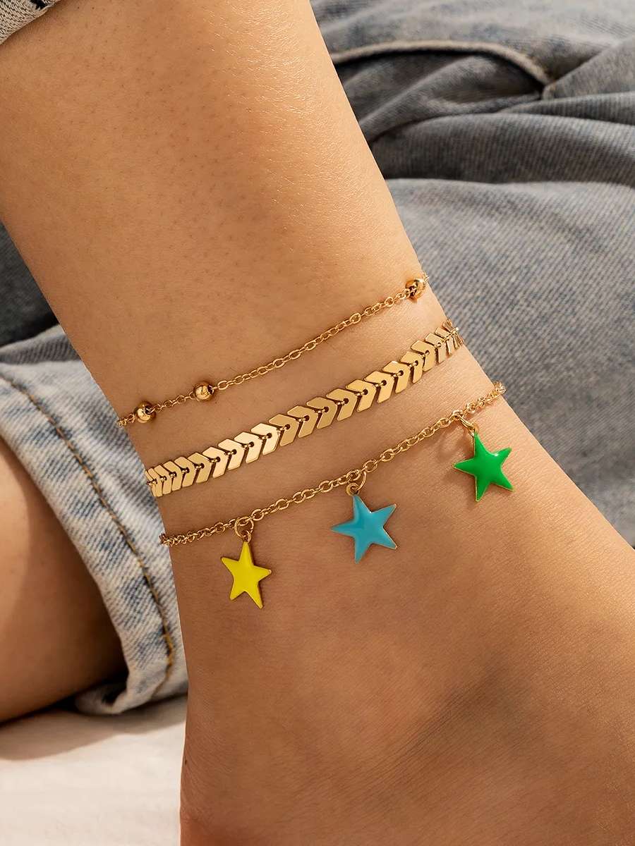 New Bohemian Star Simple Bead Chain Alloy Anklet 3-piece Set | Star Anklet Set