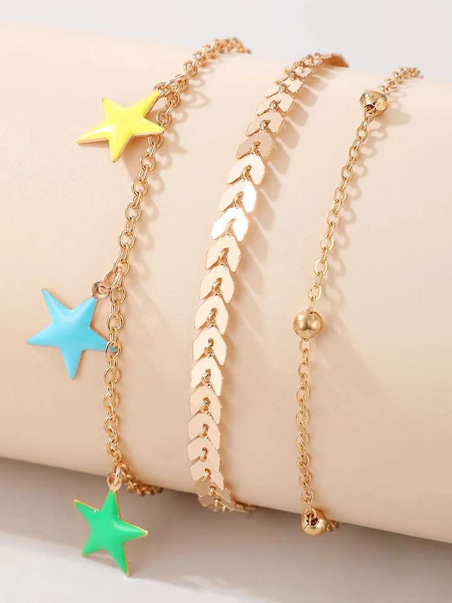 New Bohemian Star Simple Bead Chain Alloy Anklet 3-piece Set | Star Anklet Set