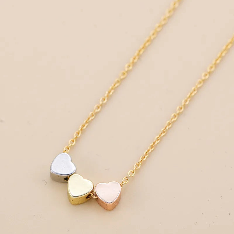 Anti Tarnish Stainless Steel Minimal Tri-Tone Three Mini Heart Necklace - Gold, Silver, and Rose Gold | Triple Heart Pendant