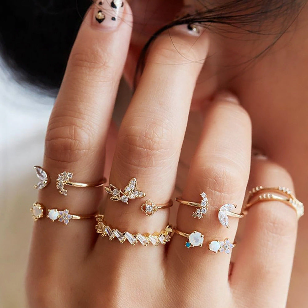Butterfly Alloy Zircon Inlay Set of 7 Stackable Rings