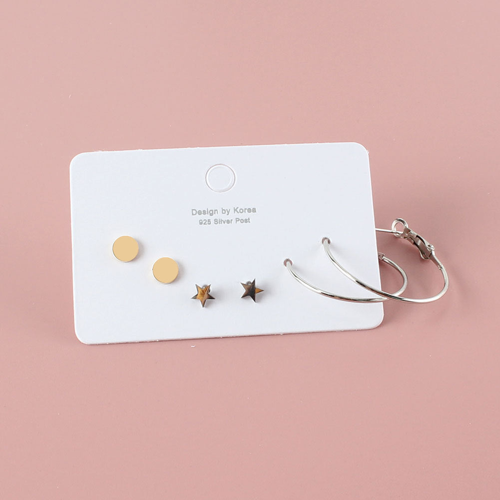 Anti -Tarnish Korean Retro Geometric Set of Three Earrings Gift For Her | Jewellery Gift Idea | Set of Three Earrings | One Set of Hoop Earring , Star Earring | Golden Plain Earrings