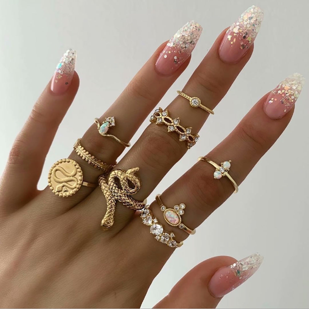 Snake, Leaf ,Round Alloy Inlay Rhinestones Pearl Contemporary Stackable Rings Set of 9 | Set of Rings