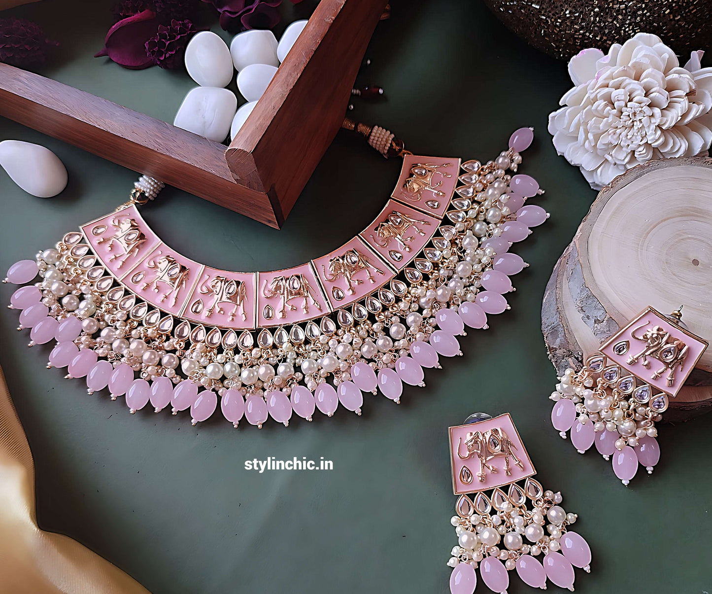 Pink Meenakari Necklace Set With Earrings | Pink Heavy Necklace | Bridal Meenakari Necklace