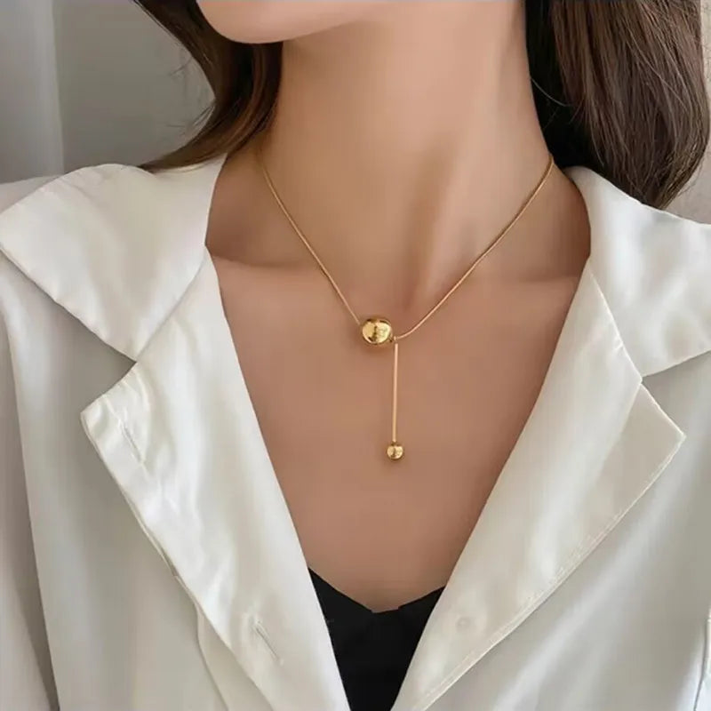 Anti Tarnish Titanium Steel Gold Plated Lariat Necklace for Women Golden Double Ball Pendant Necklace