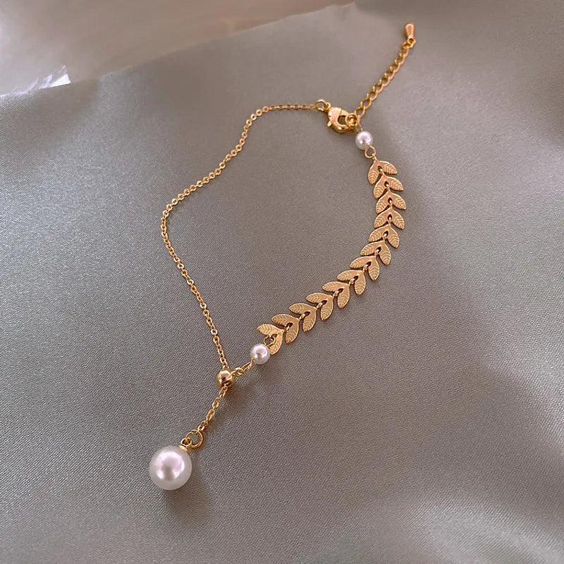 Anti-Tarnish Stainless Steel Wheat Leaf With Pearl Minimal Bracelet