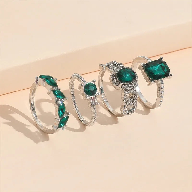 4 PCS Emerald Rings for Women | Vintage Emerald Crystal Finger Ring Joint Knuckle Rings Set | Green Gemstone Ring Set | Emerald Stackable Rings