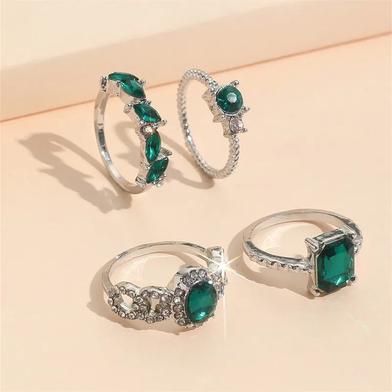 4 PCS Emerald Rings for Women | Vintage Emerald Crystal Finger Ring Joint Knuckle Rings Set | Green Gemstone Ring Set | Emerald Stackable Rings