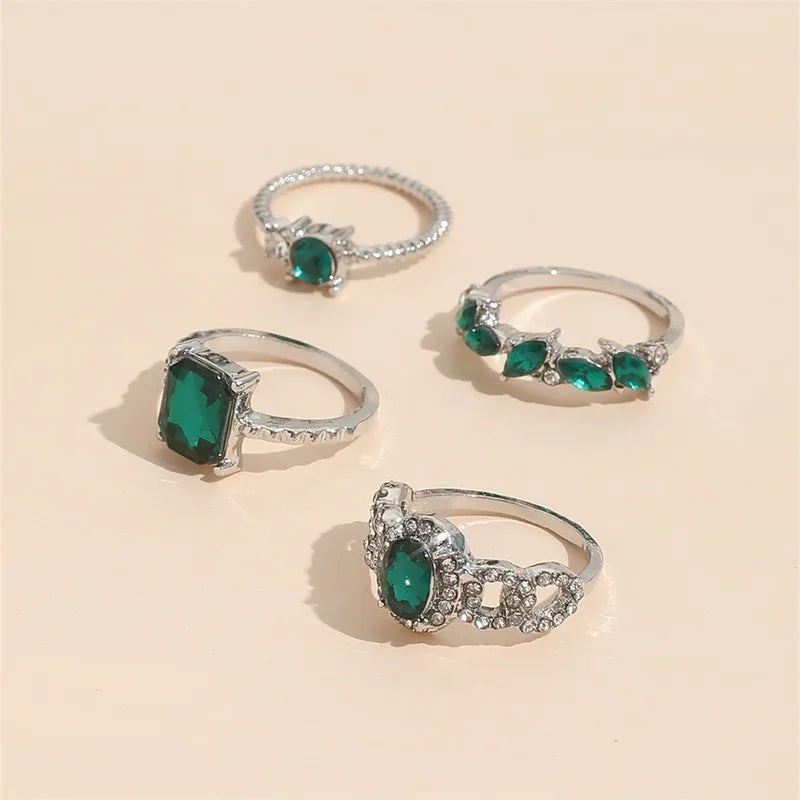 4 PCS Emerald Rings for Women | Vintage Emerald Crystal Finger Ring Joint Knuckle Rings Set | Green Gemstone Ring Set | Emerald Stackable Rings