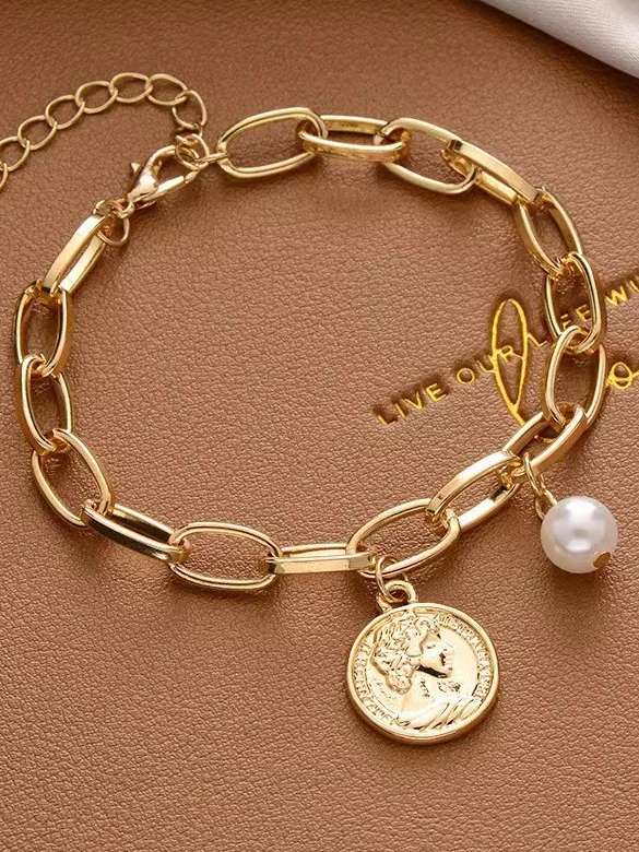 Bracelet - Queen Coin With Pearl Charm | Golden Coin Bracelet | Golden Chain & Coin Bracelet