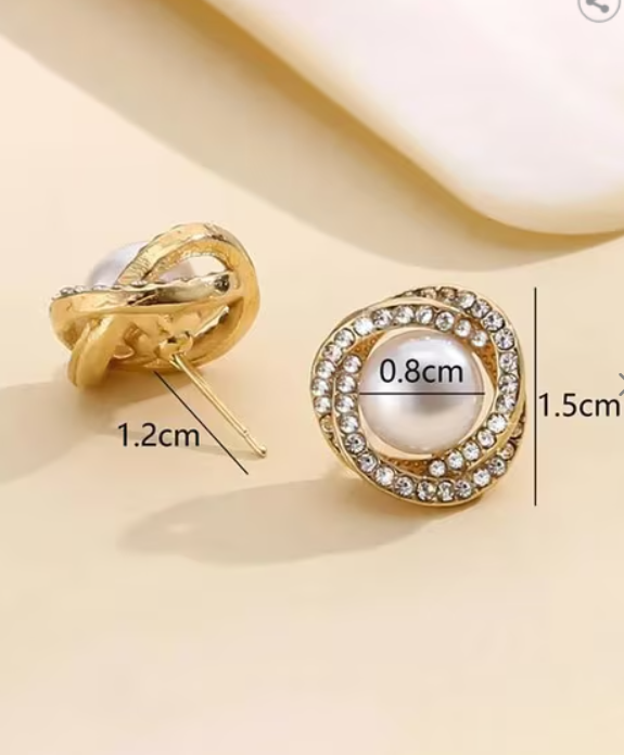 Round Shaped Gold Plated With Cubic Zirconia & Pearl Stud Earring For Women & Girls