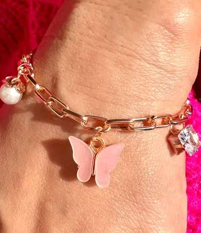 Pink Butterfly Charms Pearl Diamond Bracelet Link Chain Adjustable Free Size | Birthday Gift for Girls and Women Anniversary Gift for Wife
