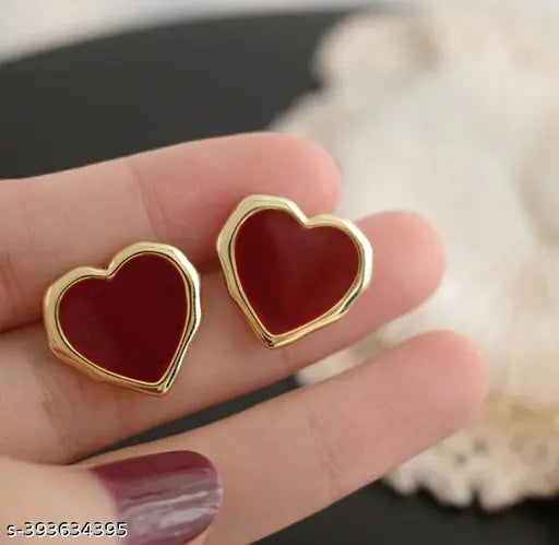 Imported Burgundy Heart - Wine Marble Heart Korean Glittering Stud | Heart Love Studs Trendy Earrings For Women