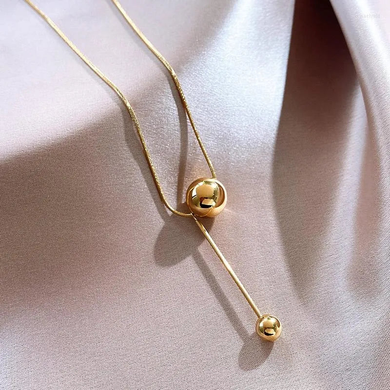 Anti Tarnish Titanium Steel Gold Plated Lariat Necklace for Women Golden Double Ball Pendant Necklace