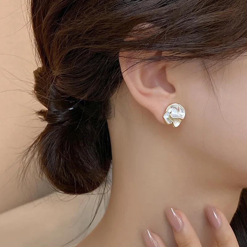 Exquisite Pearl Rose Mini Stud Earrings | White Camellia Earrings | White Rose Earrings