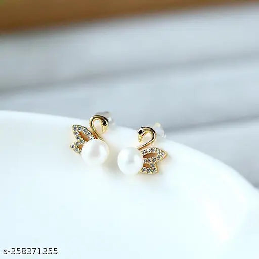 CHARMS OF SWANS - SPARKLING PEARL STUDS | SWAN EARRINGS