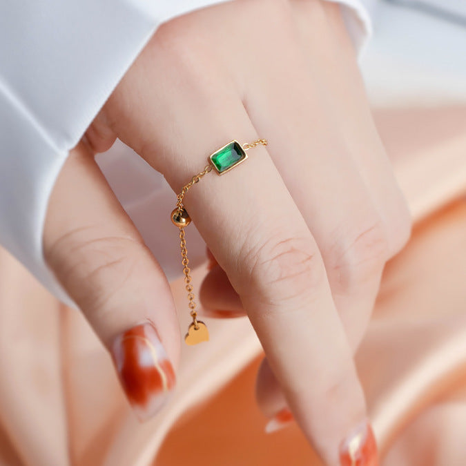 Emerald Chain Ring | Anti-Tarnish 18k Gold Plated Chain Green | Delicate Ring