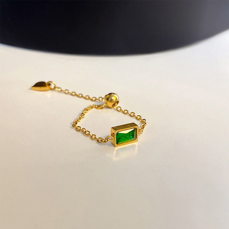 Emerald Chain Ring | Anti-Tarnish 18k Gold Plated Chain Green | Delicate Ring