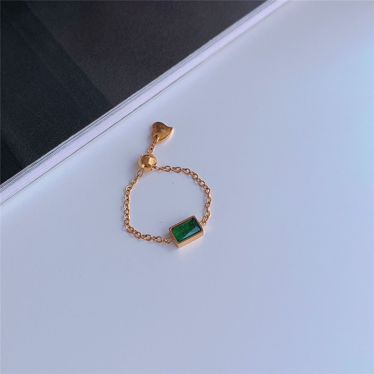 Emerald Chain Ring | Anti-Tarnish 18k Gold Plated Chain Green | Delicate Ring