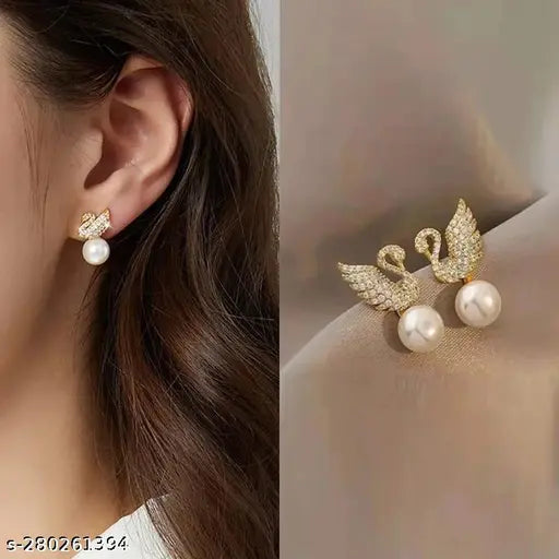 THE SWAN'S EMBRACE - GOLDEN EMBELLISHED EARRINGS | SWAN PEARL EARRINGS