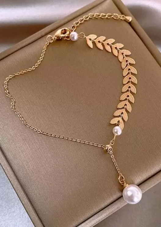Anti-Tarnish Stainless Steel Wheat Leaf With Pearl Minimal Bracelet