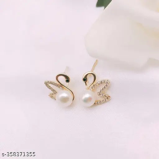 CHARMS OF SWANS - SPARKLING PEARL STUDS | SWAN EARRINGS
