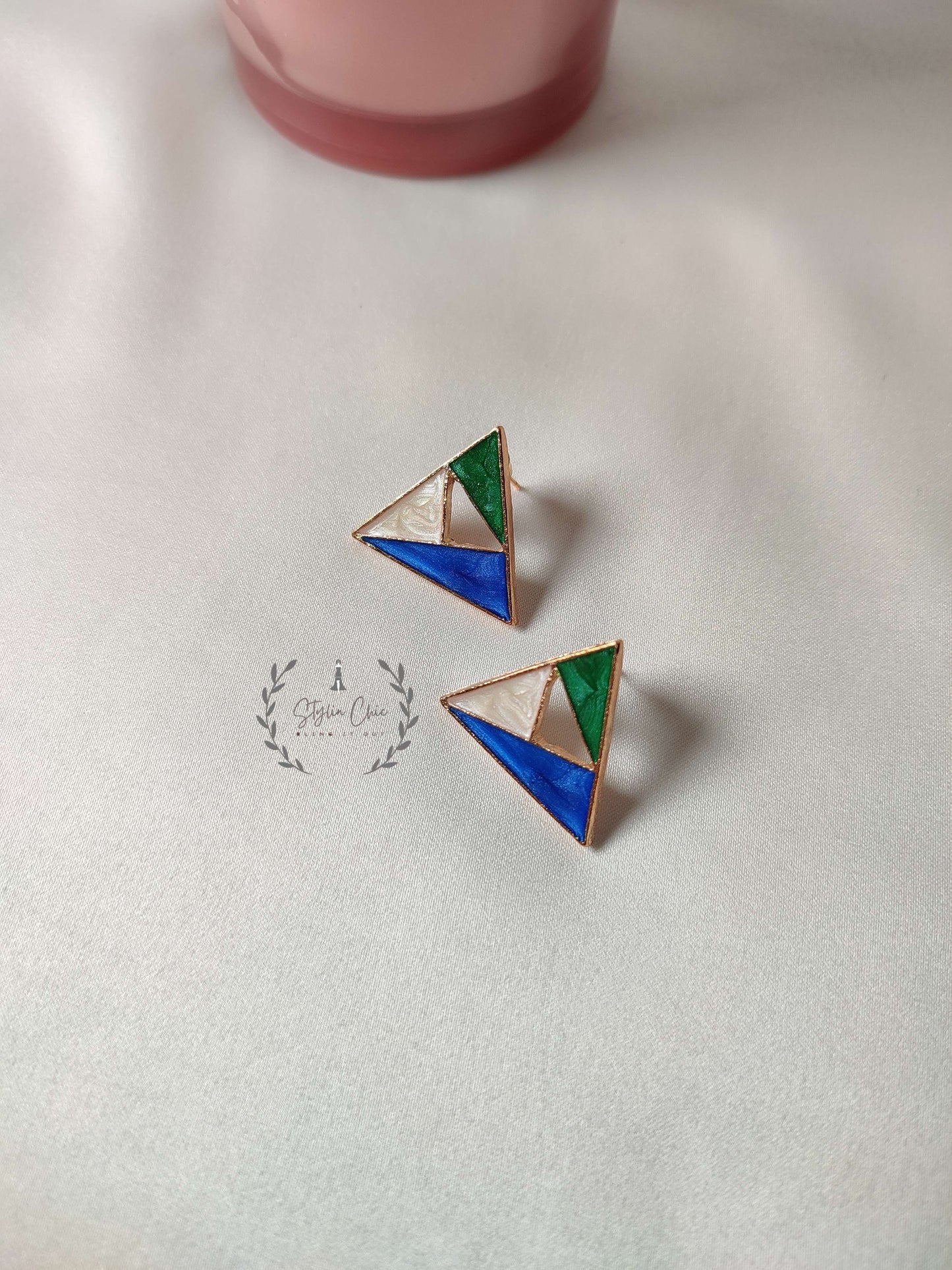 Triangle Geometric Drop Earrings | Geometric Earrings | Blue , White & Green Earrings