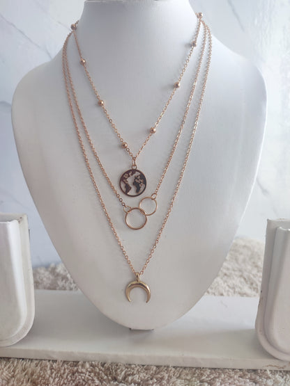 Golden Moon and World Map Pendant | Retro Multi-layered Charm Necklace | World Map Necklace | Multilayer-Necklace