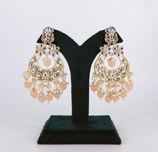 Golden Kundan Chandbali With Peach Dangling Pearls | Peach Chandbali | Traditional Peach Earrings