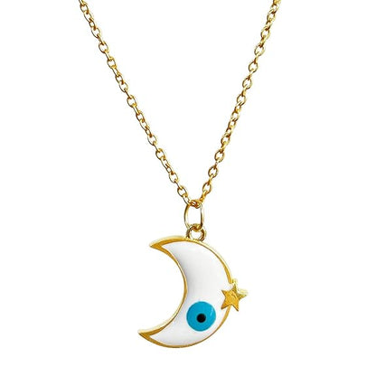 Evil Eye Charms Crescent Moon Pendant ,White Enamel Evil Eye Gold Plated Pendant for Women