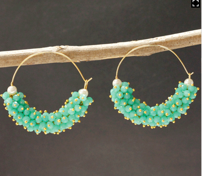 Seeds Beads Trendy Hoops | Green Seed Hoops | Sky Blue Seed Hoops