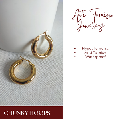 Anti-Tarnish Small Size Chunky Golden Hoop Earrings | Work Wear Earrings