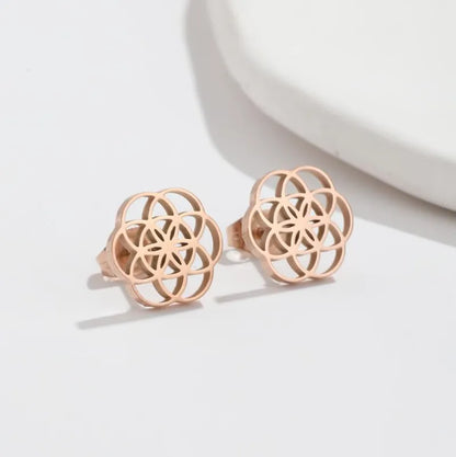 Anti Tarnish Titanium Steel Mandala Flower Stud Earrings for Women, Minimalist studs