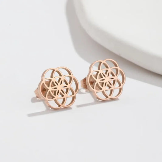 Anti Tarnish Titanium Steel Mandala Flower Stud Earrings for Women, Minimalist studs