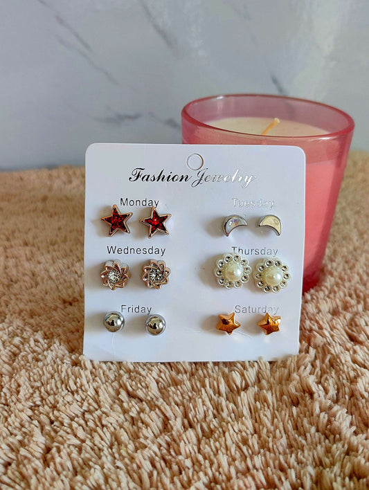 Weekly 7 Stud Women's Earrings Set | Everyday Earrings | Moon & Star Earrings | Gift For Her | Office Wear Earring Set