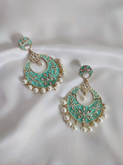 Mint Green or Sea Green Color Meenakari Chandbali Earrings