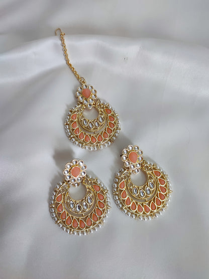 Peach Color Kundan Chandbali with Maang Teeka