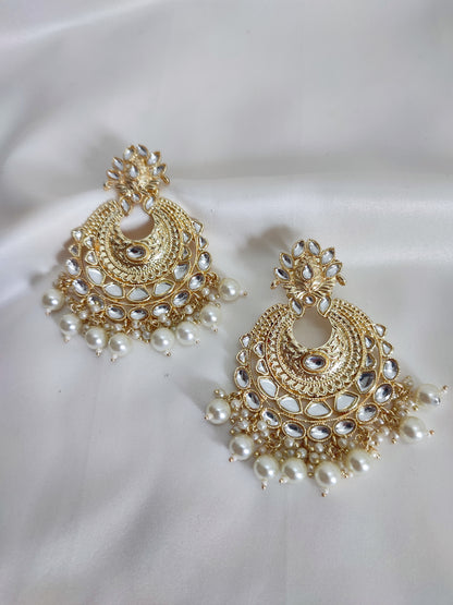 Golden Kundan white pearl Chandbali