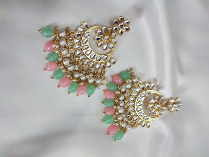 Golden Kundan Chandbali With Pink and Mint-Green Dangling Pearls