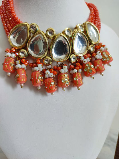 Orange Polki Necklace | Orange Traditional Necklace