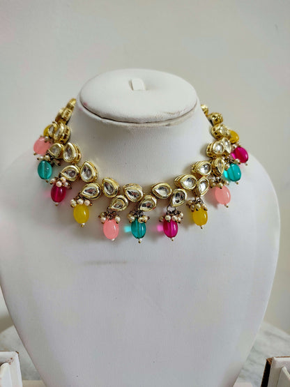Multicolour Kundan Polki Necklace With Earrings