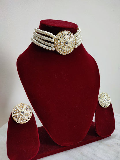 White Pearl Choker Set With Earrings