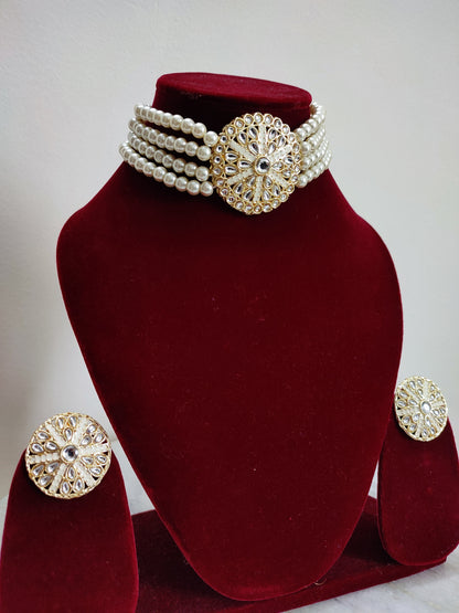 White Pearl Choker Set With Earrings