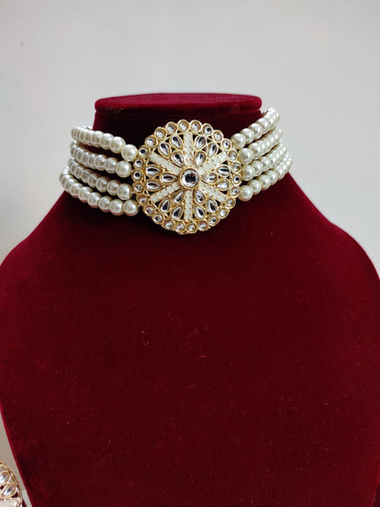 White Pearl Choker Set With Earrings