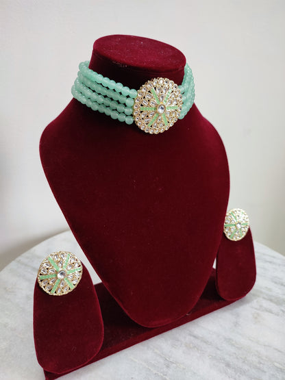 Mint Green Pearl Choker Set With Earrings