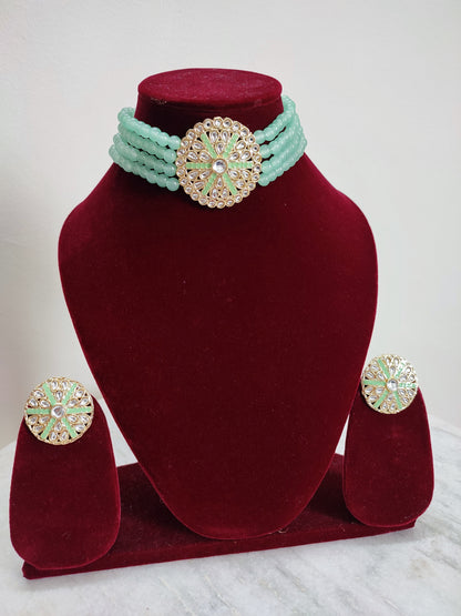 Mint Green Pearl Choker Set With Earrings