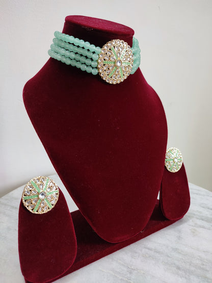 Mint Green Pearl Choker Set With Earrings