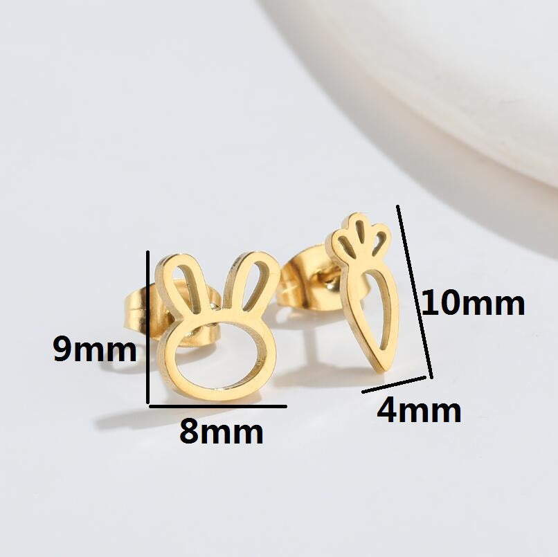 Anti Tarnish Titanium Steel 18K Gold Plated Bunny Ears & Carrot  Ear Studs | Tiny Treasures